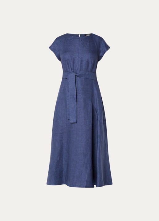 Max Mara Esordio midi jurk van linnen met strikceintuur - voorkant donkerblauw