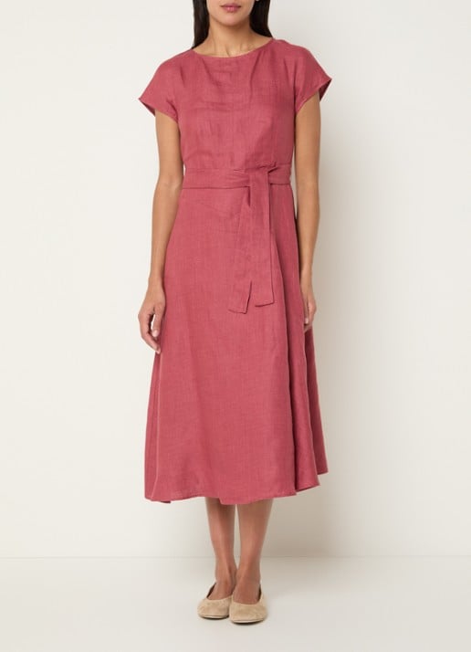 Max Mara Esordio midi jurk van linnen met strikceintuur - detail 2 donkerroze