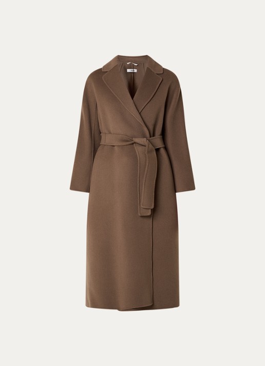 Max Mara Esturia mantel van scheerwol met steekzakken en strikceintuur - voorkant 2 lichtbruin