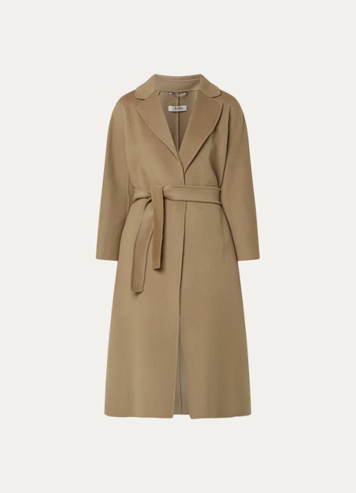 Max Mara Esturia mantel van scheerwol met strikceintuur  - voorkant camel
