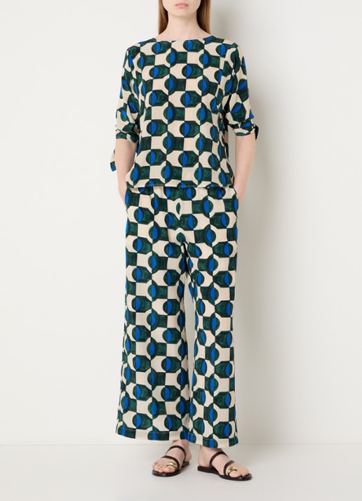 Max Mara Eusebio high waist wide fit broek van zijde met print - voorkant 4 donkergroen