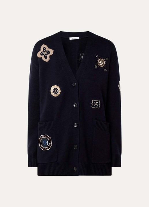 Max Mara Fijngebreid vest in kasjmierblend met strass - voorkant donkerblauw