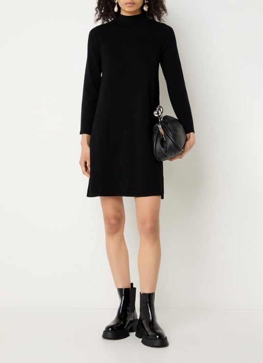 Max Mara Fijngebreide mini trui-jurk met opstaande kraag - voorkant 3 zwart