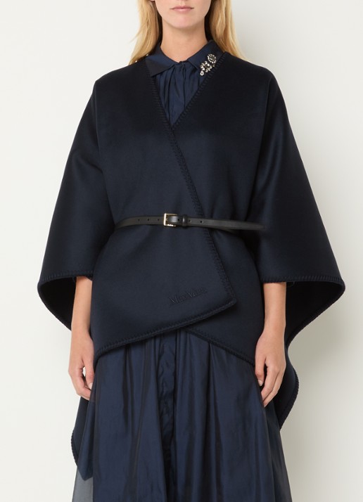 Max Mara Fijngebreide poncho in wolblend - detail donkerblauw