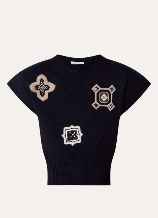 Max Mara Fijngebreide top in kasjmierblend met strass - voorkant 3 donkerblauw