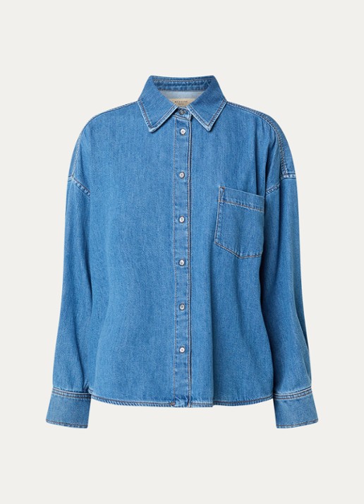 Max Mara Foggia blouse van denim met borstzak - voorkant 3 lichtblauw