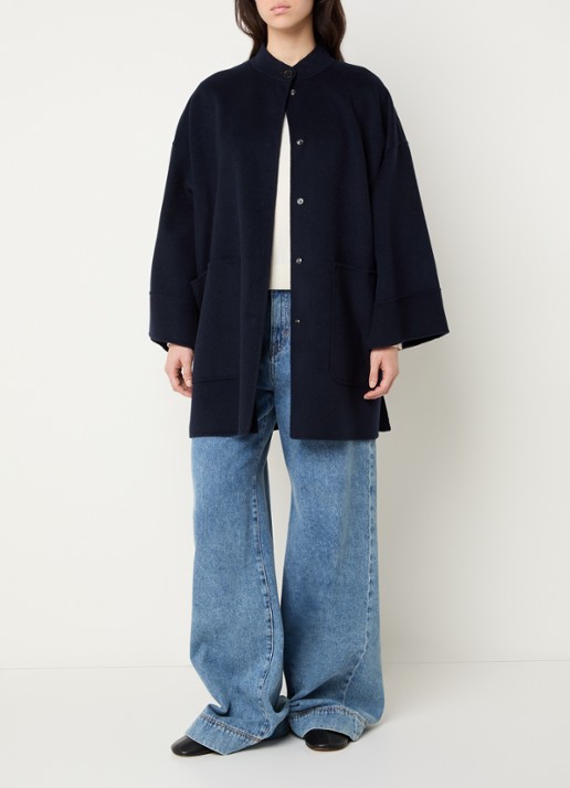 Max Mara Fulcro mantel in scheerwolblend met afneembare sjaalkraag - voorkant 4 donkerblauw