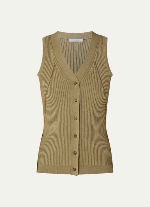 Max Mara Gebreid vest met ribstructuur - voorkant khaki