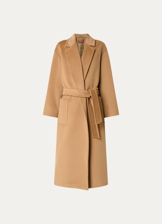 Max Mara Giambo mantel van scheerwol met strikceintuur - voorkant 2 camel