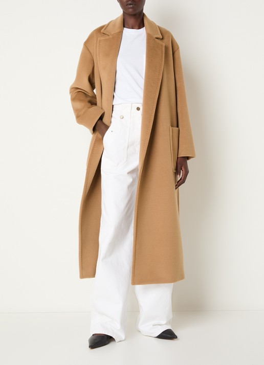 Max Mara Giambo mantel van scheerwol met strikceintuur - voorkant 3 camel