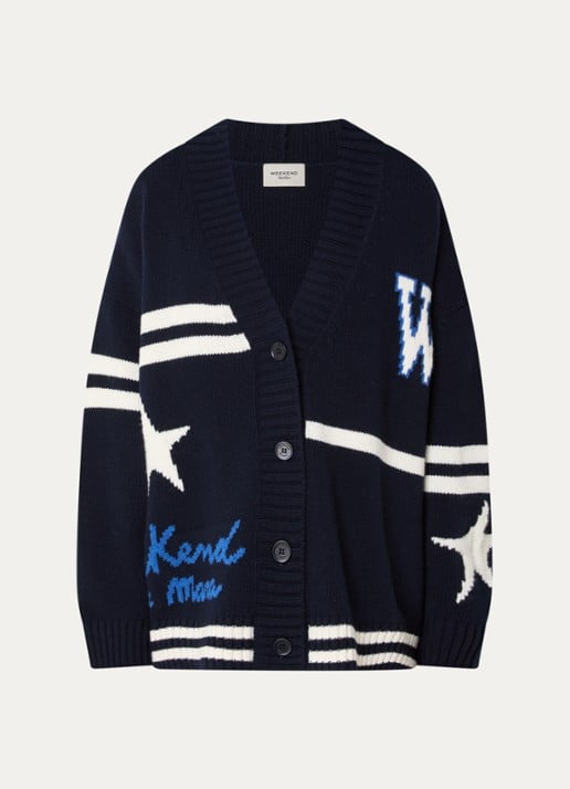 Max Mara Grofgebreid vest van wol met print - voorkant donkerblauw