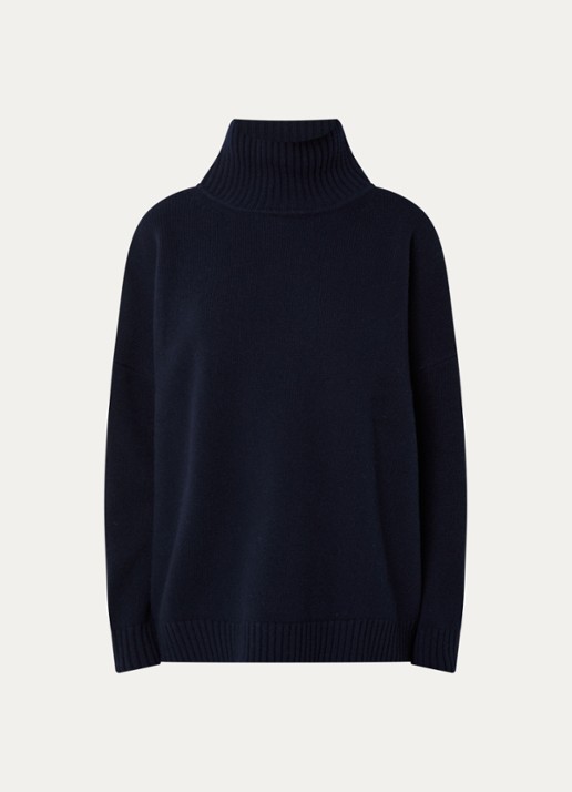 Max Mara Grofgebreide trui van wol met col - voorkant donkerblauw