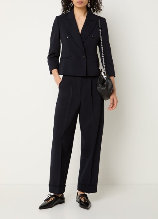Max Mara High waist loose fit pantalon van scheerwol met steekzakken - voorkant 3 donkerblauw
