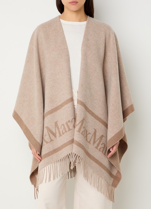 Max Mara Hilde poncho van wol met logoprint en franjes - detail beige