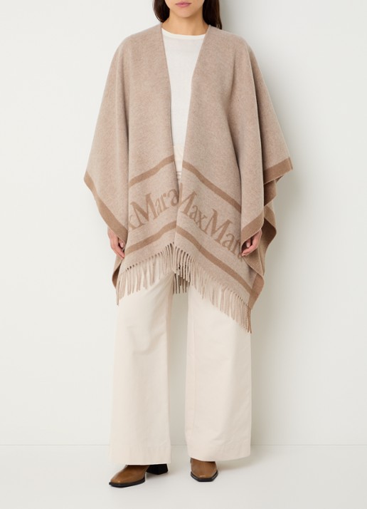 Max Mara Hilde poncho van wol met logoprint en franjes - voorkant 3 beige