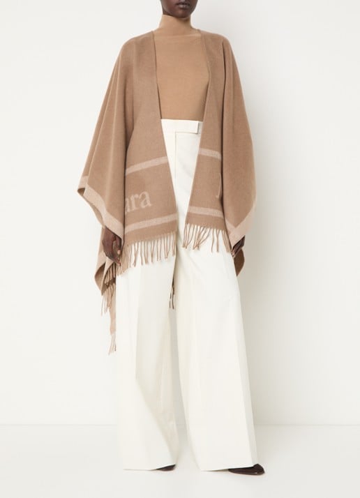 Max Mara Hilde poncho van wol met logoprint en franjes - detail camel