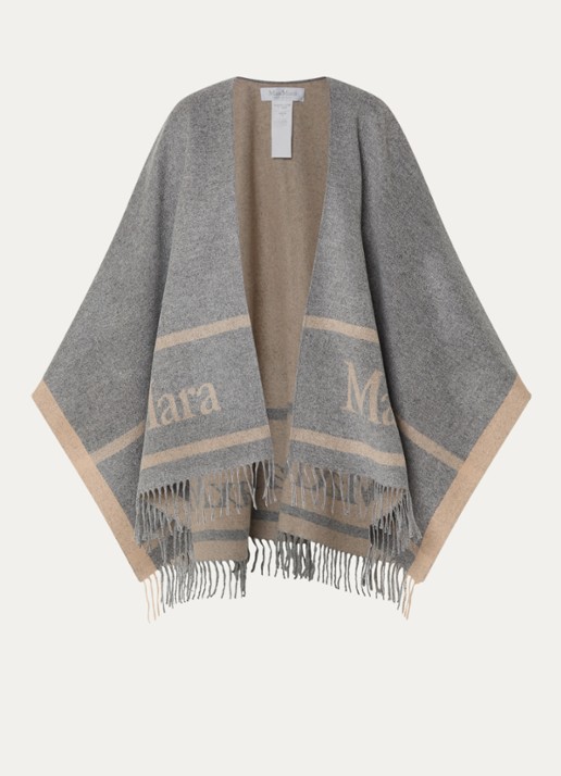 Max Mara Hilde poncho van wol met logoprint en franjes - voorkant 2 grijsmele