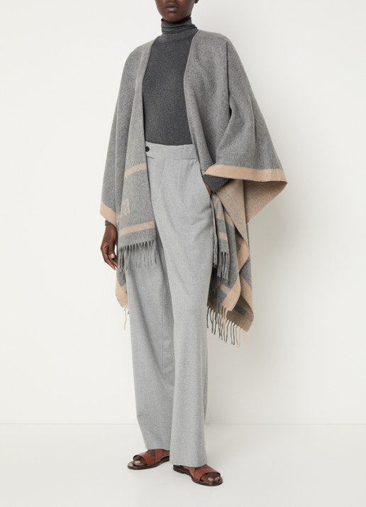 Max Mara Hilde poncho van wol met logoprint en franjes - voorkant 3 grijsmele