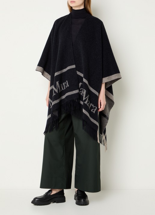 Max Mara Hilde poncho van wol met logoprint - detail donkerblauw