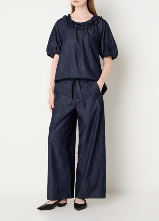 Max Mara Jour high waist wide fit broek van denim met strikceintuur - voorkant 4 indigo