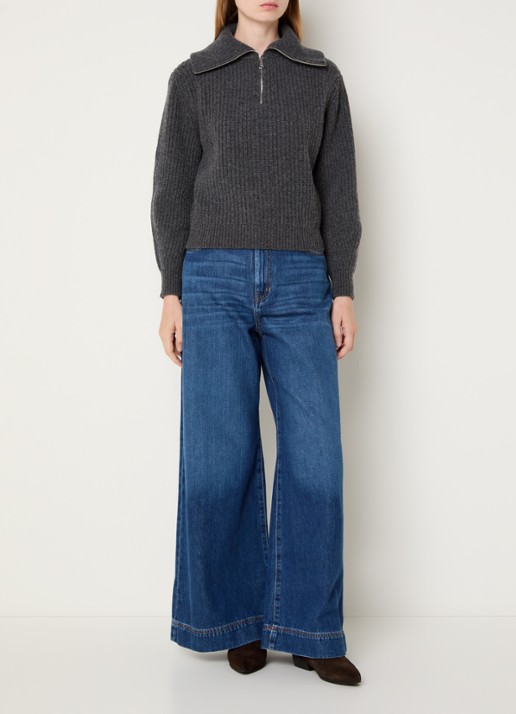 Max Mara Laser ribgebreide trui van scheerwol met halve rits - voorkant 4 donkergrijs