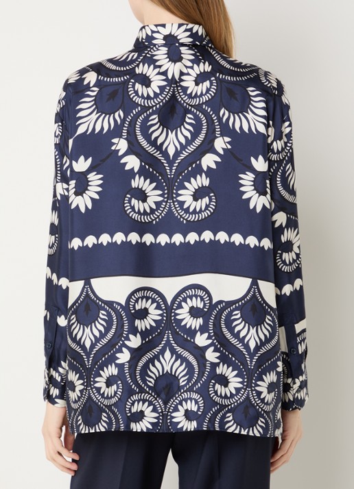 Max Mara Lastra blouse van zijde met print en borstzak - achterkant 3 donkerblauw