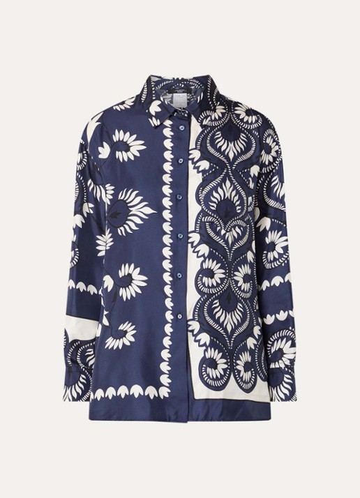 Max Mara Lastra blouse van zijde met print en borstzak - voorkant donkerblauw