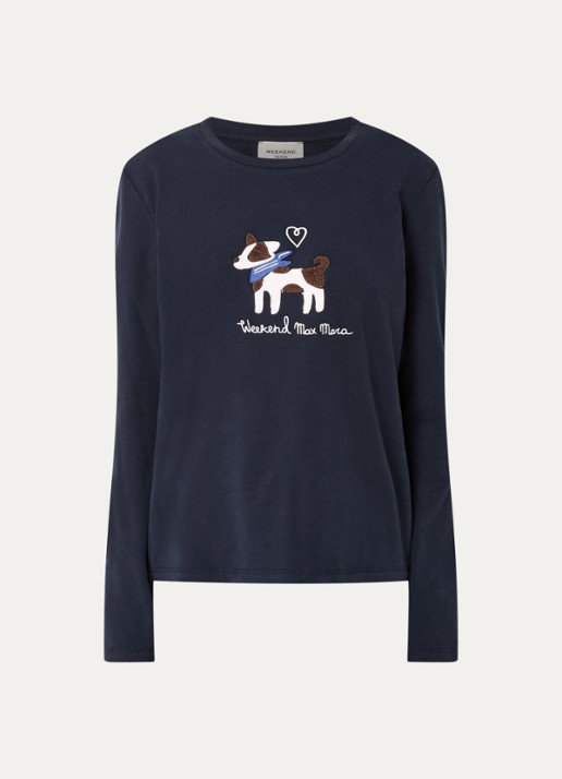 Max Mara Longsleeve met logoprint - voorkant 3 donkerblauw