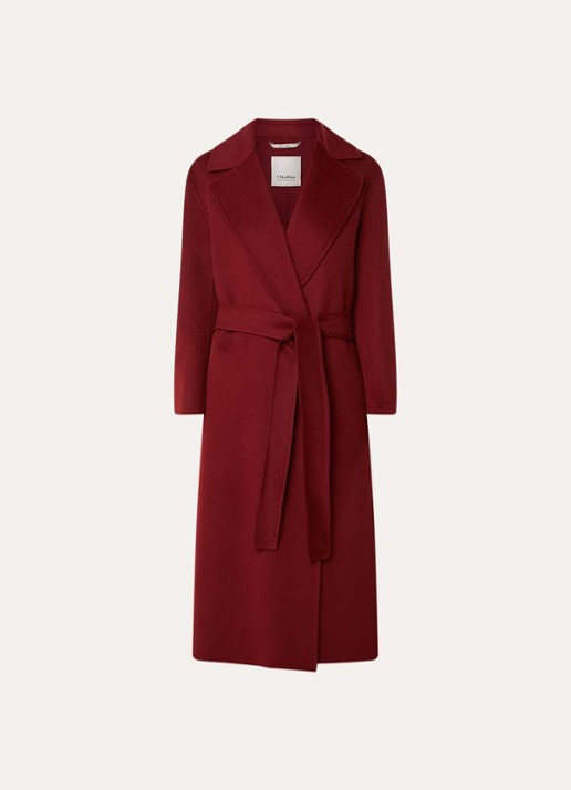 Max Mara Luna mantel van scheerwol met strikceintuur - voorkant 3 donkerrood