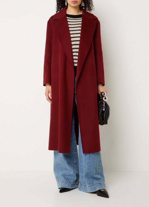 Max Mara Luna mantel van scheerwol met strikceintuur - voorkant 4 donkerrood
