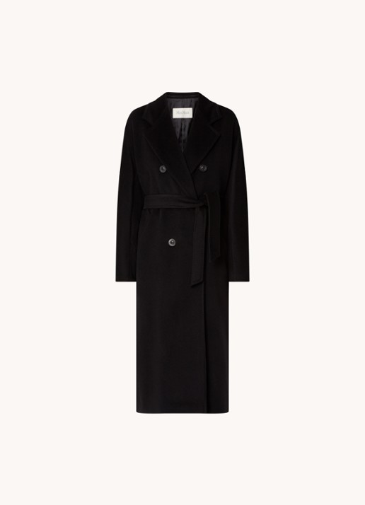 Max Mara Madame double-breasted mantel in kasjmierblend met strikceintuur - voorkant 2 zwart