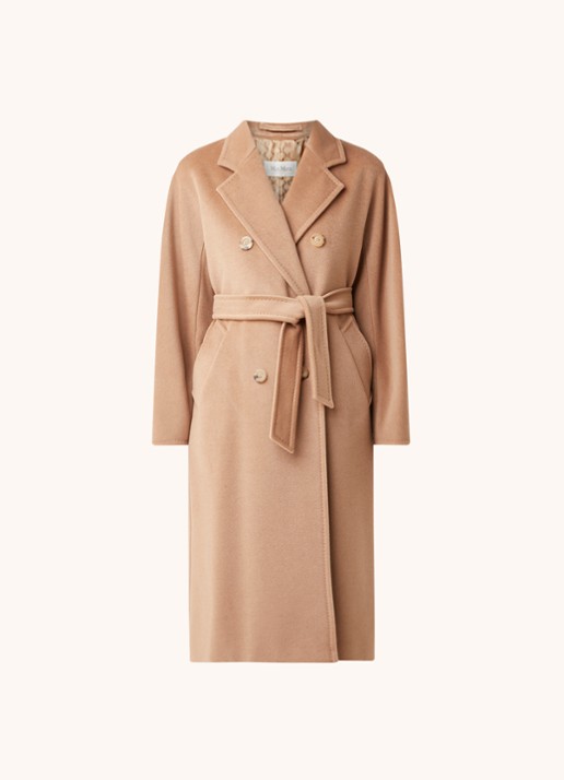 Max Mara Madame mantel in wolblend met strikceintuur - voorkant 4 camel