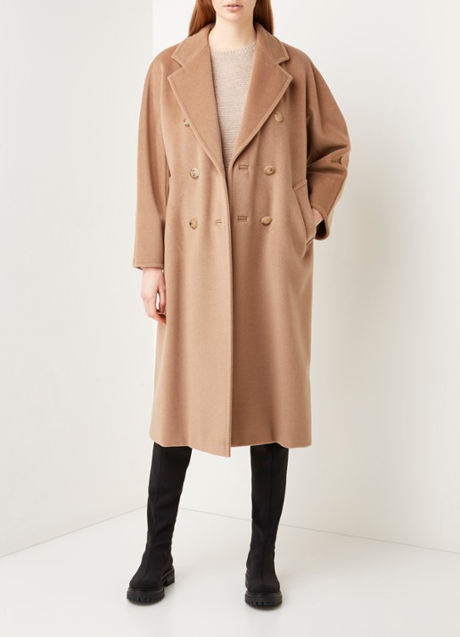 Max Mara Madame mantel in wolblend met strikceintuur - voorkant 5 camel