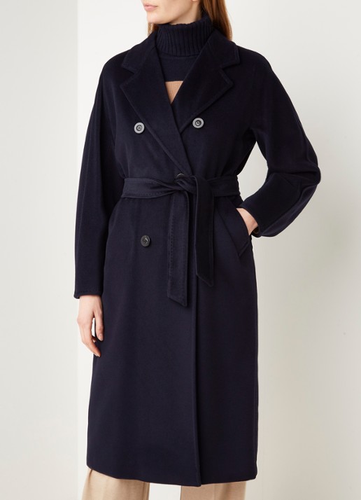 Max Mara Madame mantel in wolblend met strikceintuur - detail blauw