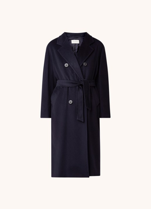 Max Mara Madame mantel in wolblend met strikceintuur - voorkant 4 blauw