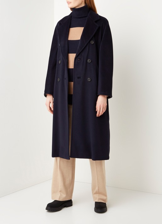 Max Mara Madame mantel in wolblend met strikceintuur - voorkant 5 blauw