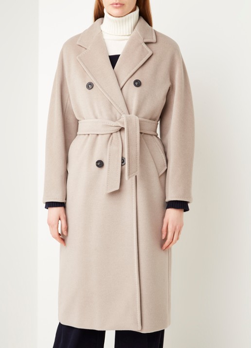 Max Mara Madame mantel in wolblend met strikceintuur - detail beige
