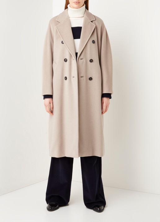 Max Mara Madame mantel in wolblend met strikceintuur - voorkant 5 beige