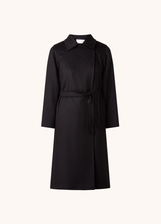 Max Mara Manuela mantel met strikceintuur en steekzakken  - voorkant 3 zwart