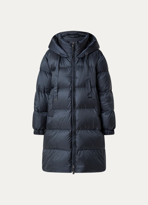 Max Mara Marte longline pufferjas met donsvulling en afneembare capuchon - voorkant 3 donkerblauw