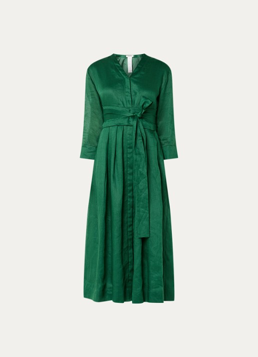 Max Mara Midi blousejurk met strikceintuur en steekzakken - voorkant donkergroen