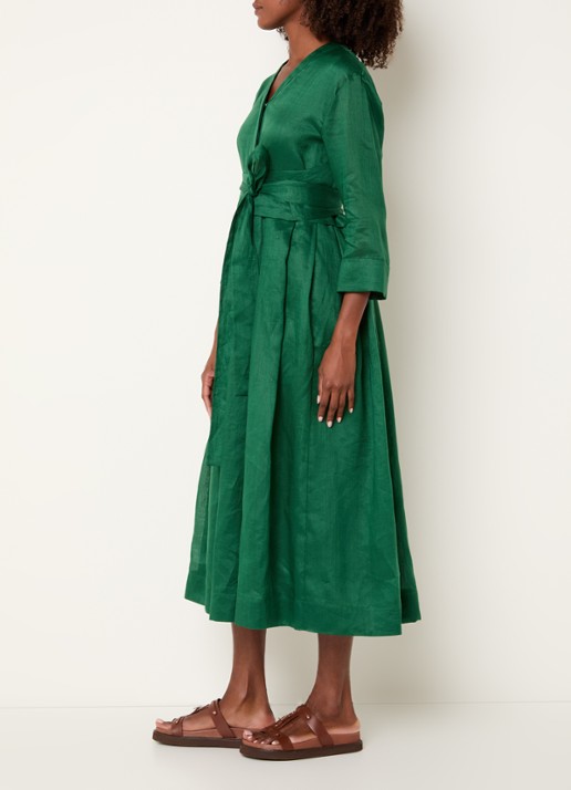 Max Mara Midi blousejurk met strikceintuur en steekzakken - voorkant 2 donkergroen