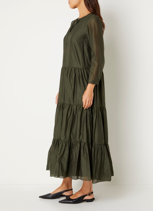 Max Mara Midi jurk in zijdeblend met plooidetail - voorkant 3 donkergroen