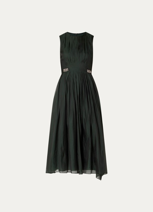 Max Mara Midi jurk in zijdeblend met plooidetail - voorkant 2 donkergroen