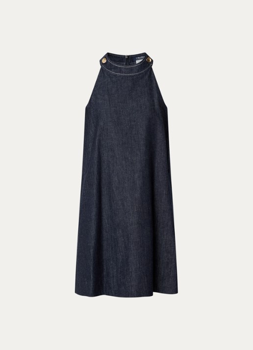 Max Mara Midi jurk van denim met ronde hals - voorkant 3 indigo
