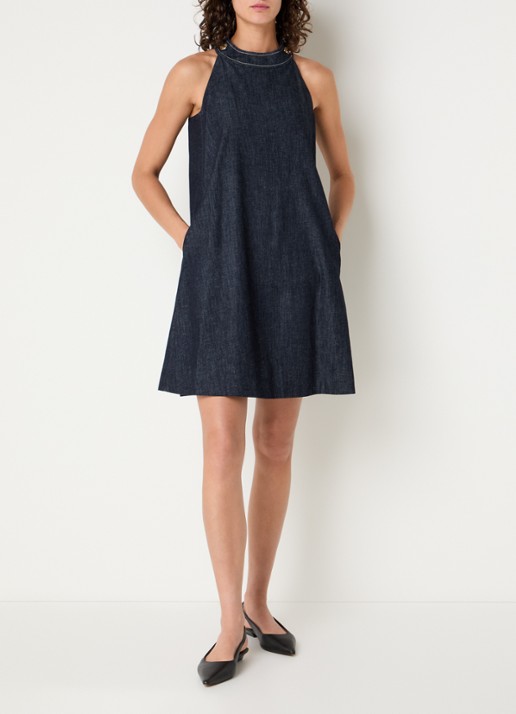 Max Mara Midi jurk van denim met ronde hals - voorkant 4 indigo