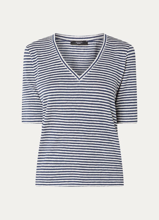 Max Mara Opzione T-shirt van linnen met V-hals - voorkant 3 donkerblauw