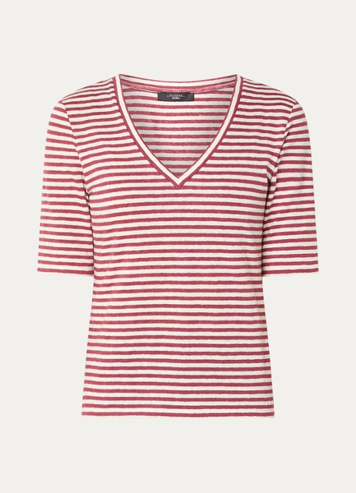 Max Mara Opzione T-shirt van linnen met V-hals - voorkant 3 kersenrood