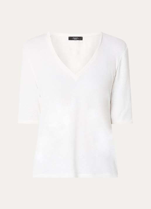 Max Mara Opzione T-shirt van linnen met V-hals - voorkant 3 wit