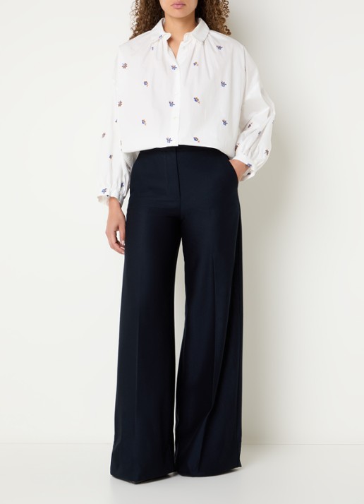 Max Mara Pinza high waist wide fit pantalon van piqué katoen - voorkant 3 donkerblauw